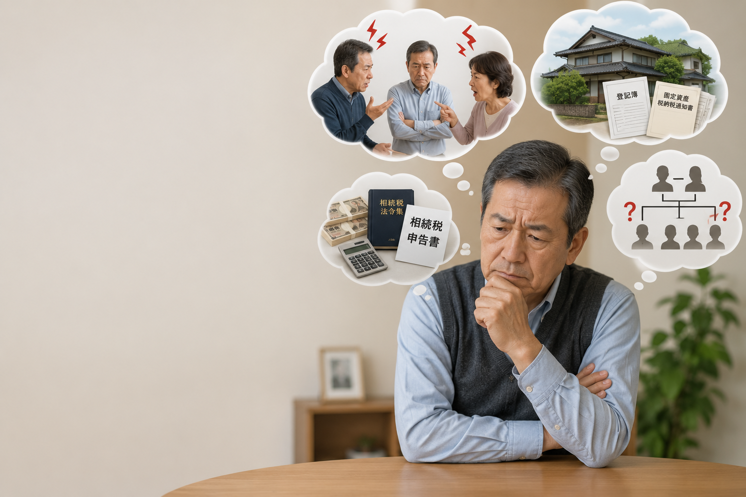 家族間の対立や不動産、相続人関係への悩みを吹き出しで示した困り顔の年配男性