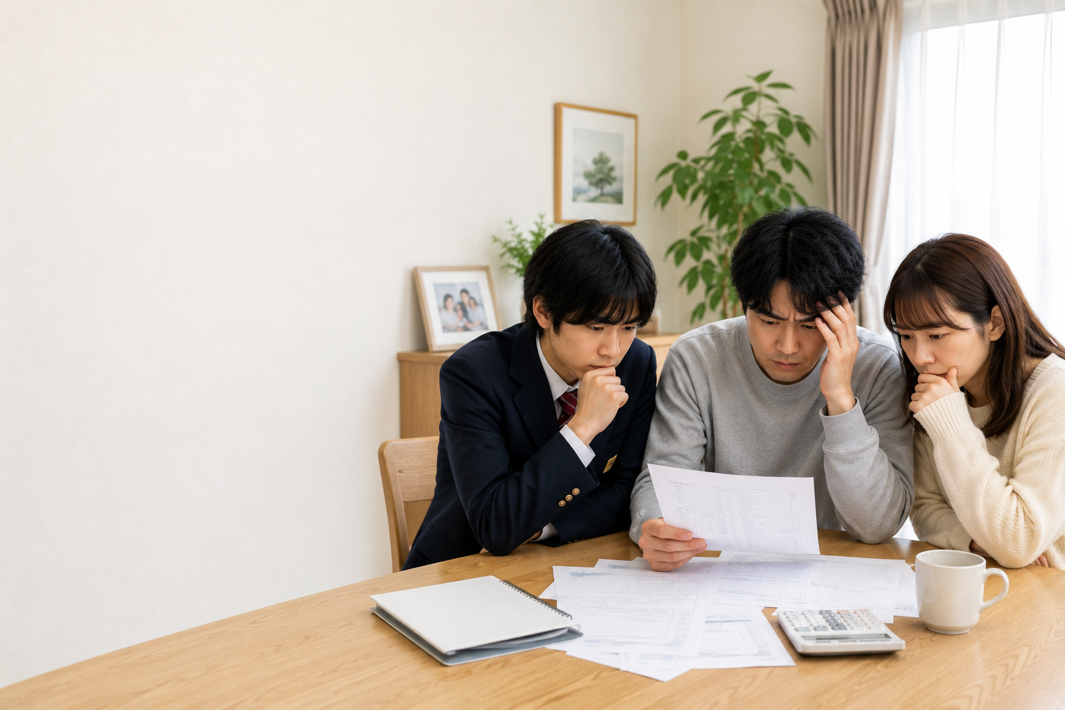 学生服の若者と両親とみられる大人2人が書類を囲んで考え込む様子