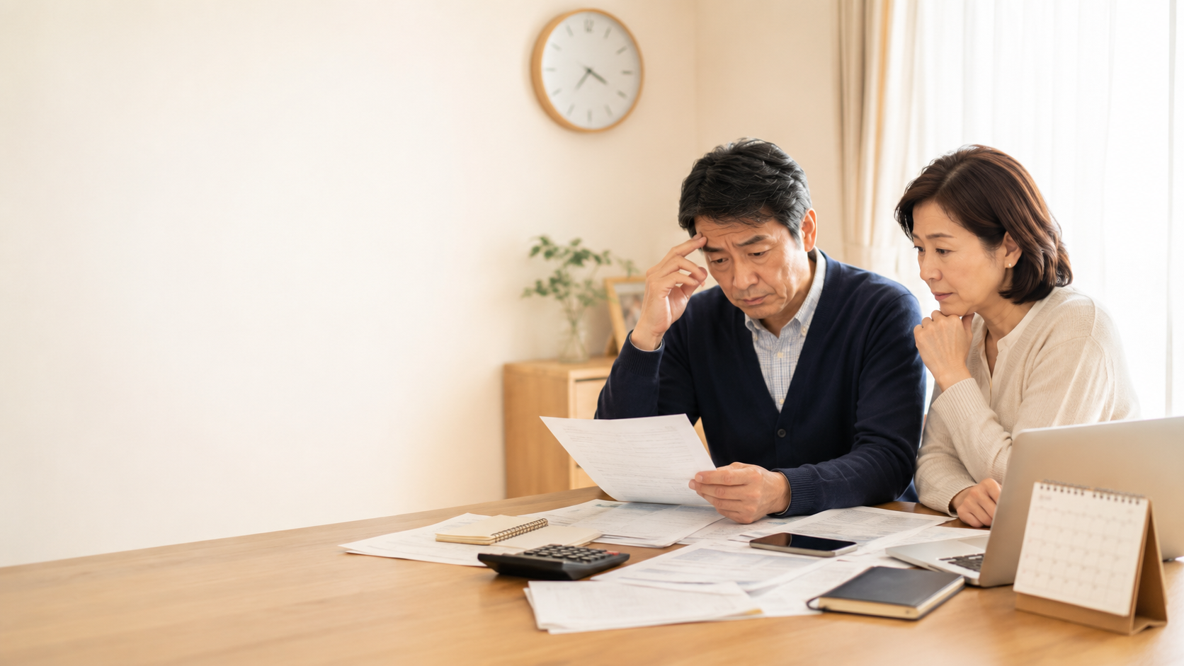 壁の時計を気にしながら書類を確認する年配の夫婦