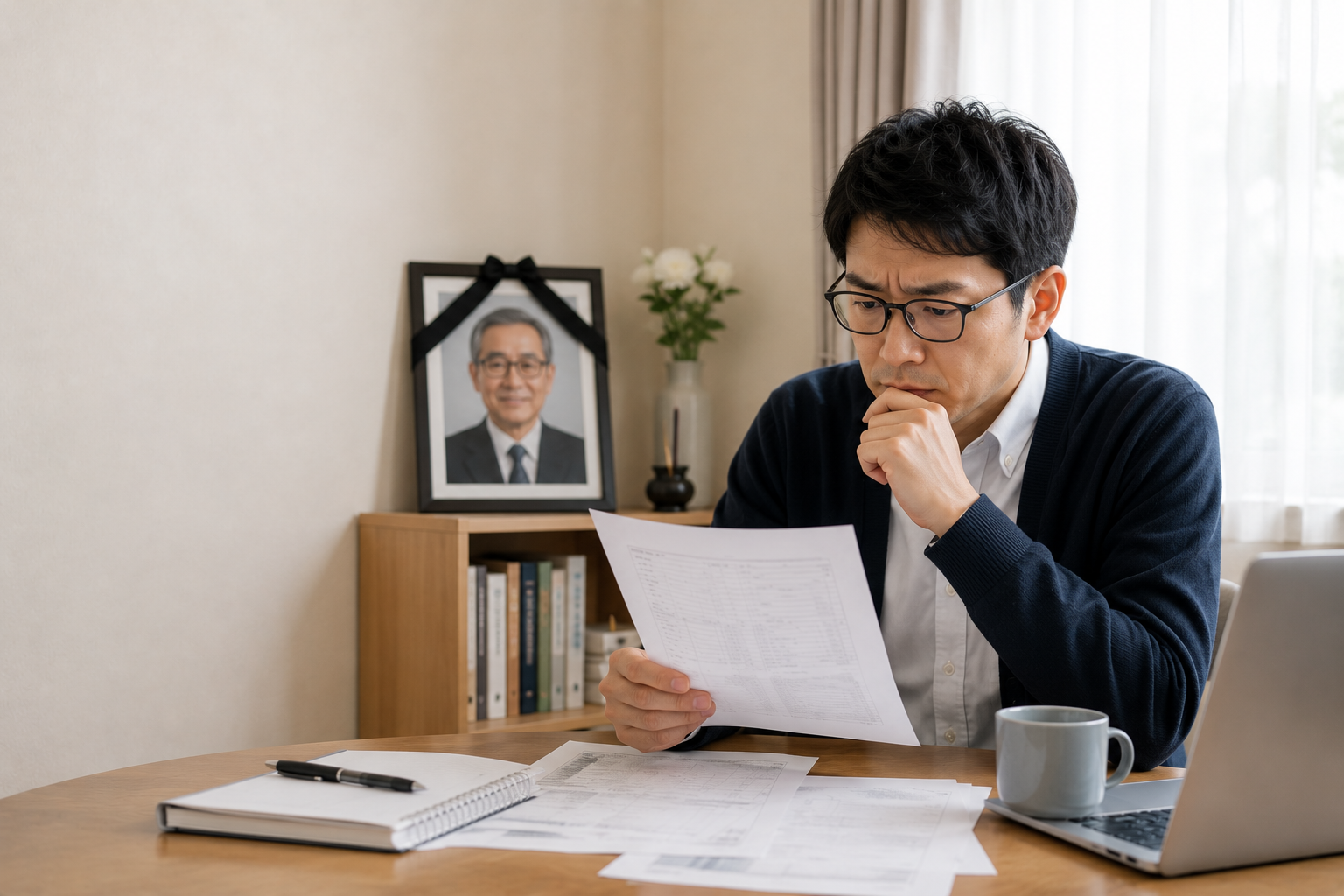 遺影を背に書類を確認する男性