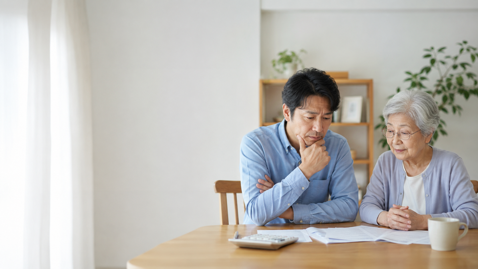 中年男性と高齢女性が並んで書類を確認する様子