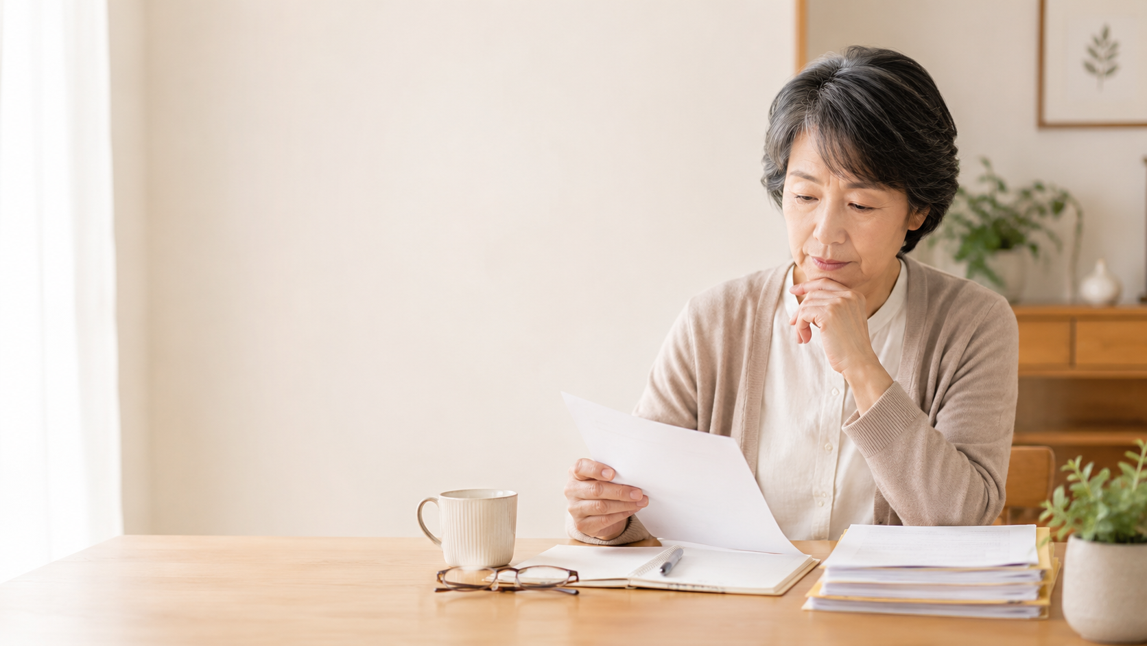 一人で書類に向き合う年配の女性