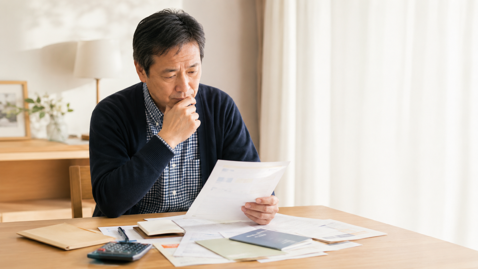 書類を手に厳しい表情で考え込む男性