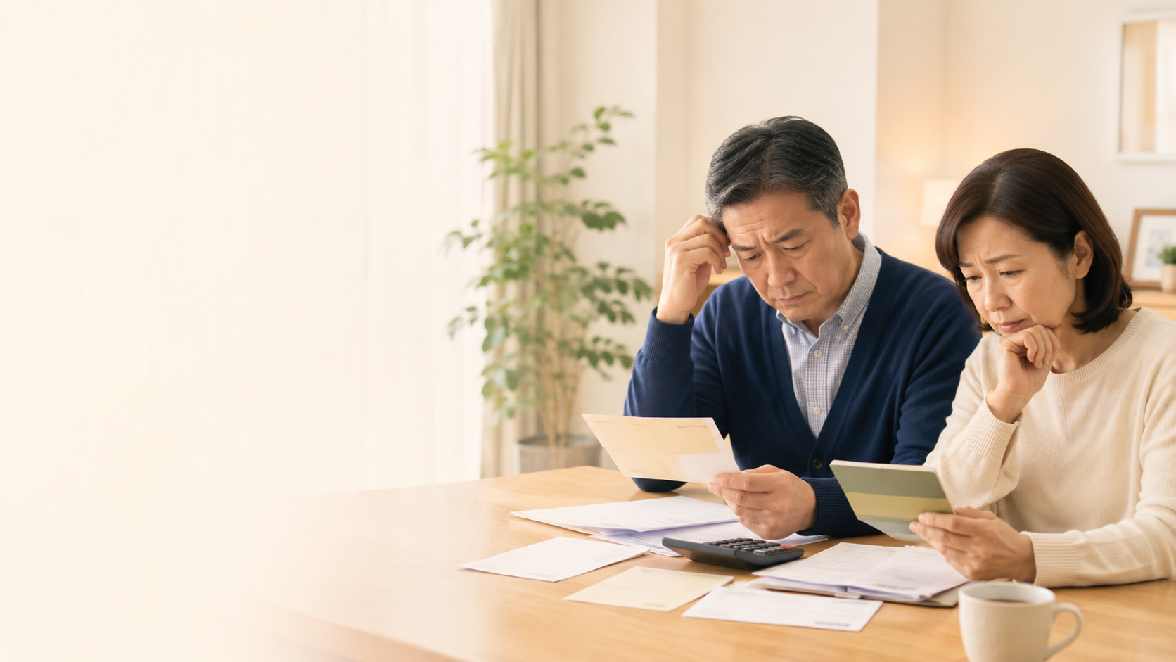 通帳や書類を見ながら困った表情を浮かべる年配の夫婦