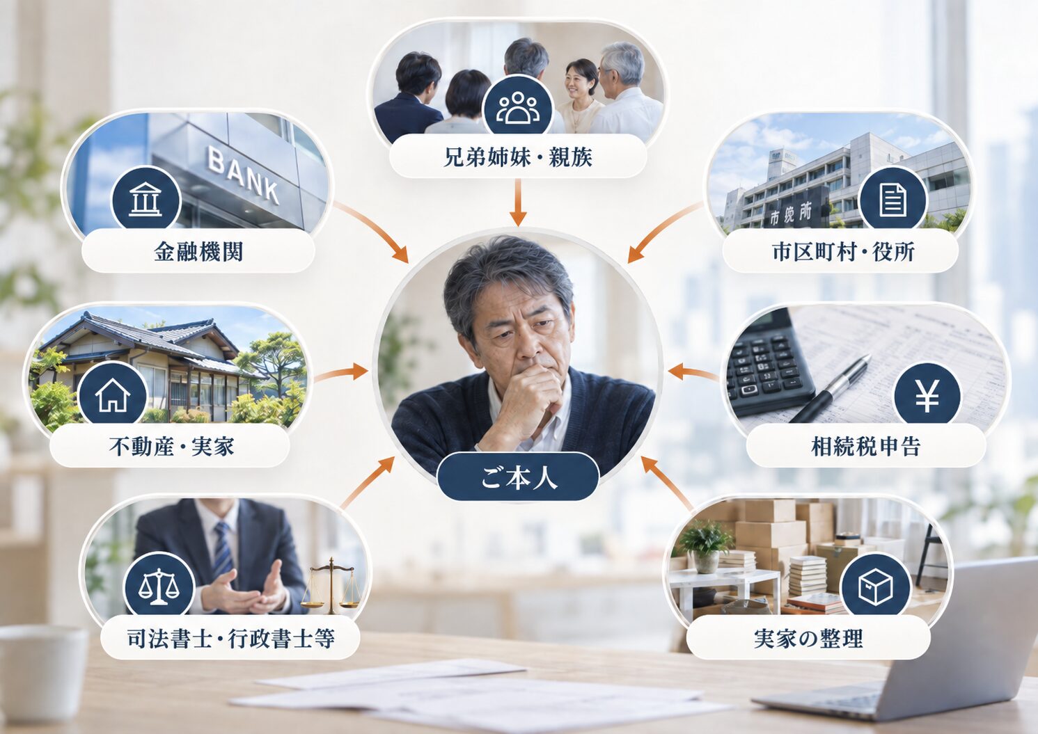 東京・関東在住の相続人に、兄弟姉妹、金融機関、役所、不動産・実家、相続税申告、司法書士・行政書士等、実家の整理といった相続実務が集中する状態を示した図
