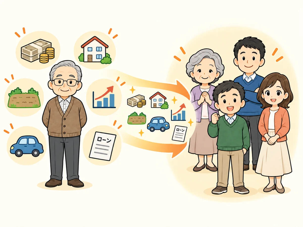 亡くなった父の財産などを家族が引き継ぐ相続のイメージ