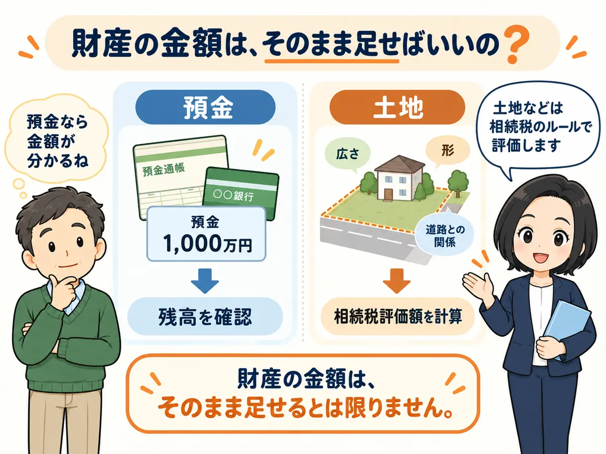 預金と土地では、金額の確認方法が同じではありません
