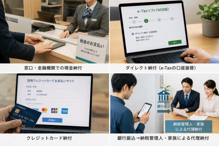 相続税の納付方法4種（窓口現金・ダイレクト納付・クレジットカード納付・銀行振込による代理納付）のイメージ