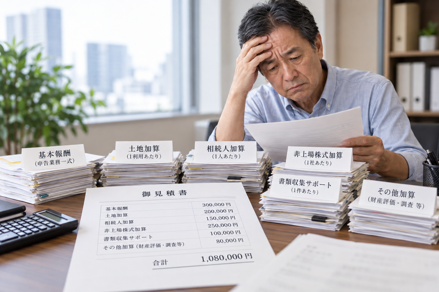 基本報酬・土地加算・相続人加算・非上場株式加算・書類収集サポート・その他加算のラベル付きの書類の山と、合計1,080,000円の見積書を見て頭を抱える男性