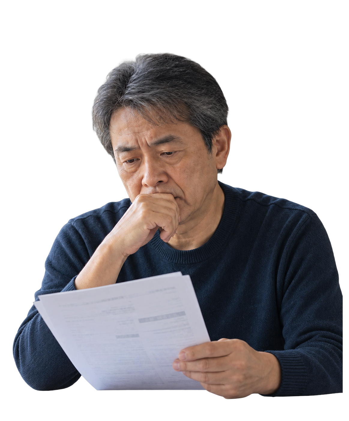 相続の書類を手に、何から手をつければよいか分からず考え込む男性