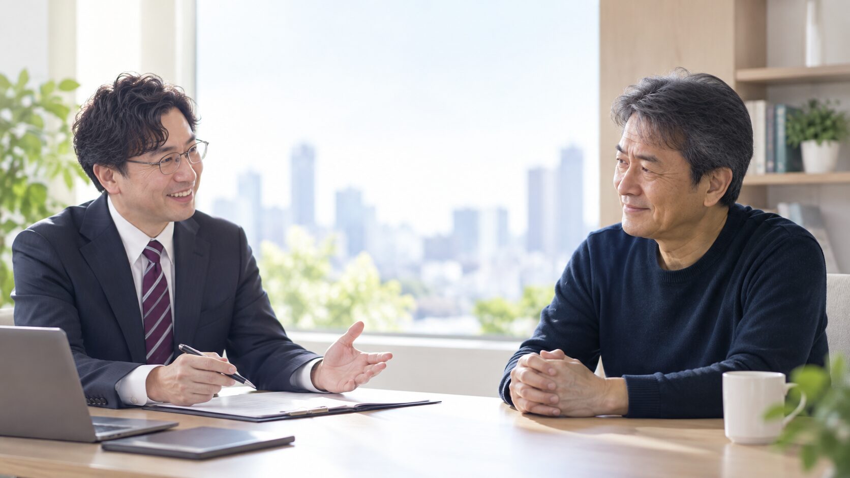 窓の外に街並みが広がる明るいオフィスで、笑顔の税理士と落ち着いた表情で向き合う男性。