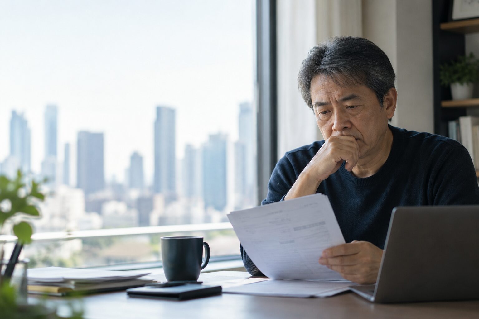 自宅で、書類を手に考え込む50〜60代男性。窓の外には都市の景色が見える。