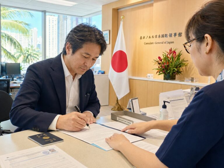 在ホノルル日本国総領事館の窓口でサイン証明の申請書に署名する男性(イメージ)