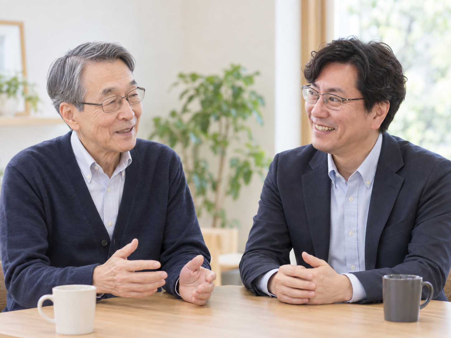 華井様と江尾税理士が、コーヒーを片手に穏やかに話している様子