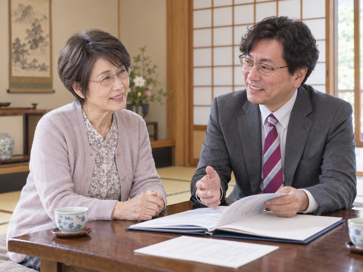 疋田様と江尾税理士が、資料を見ながら相続について話している様子