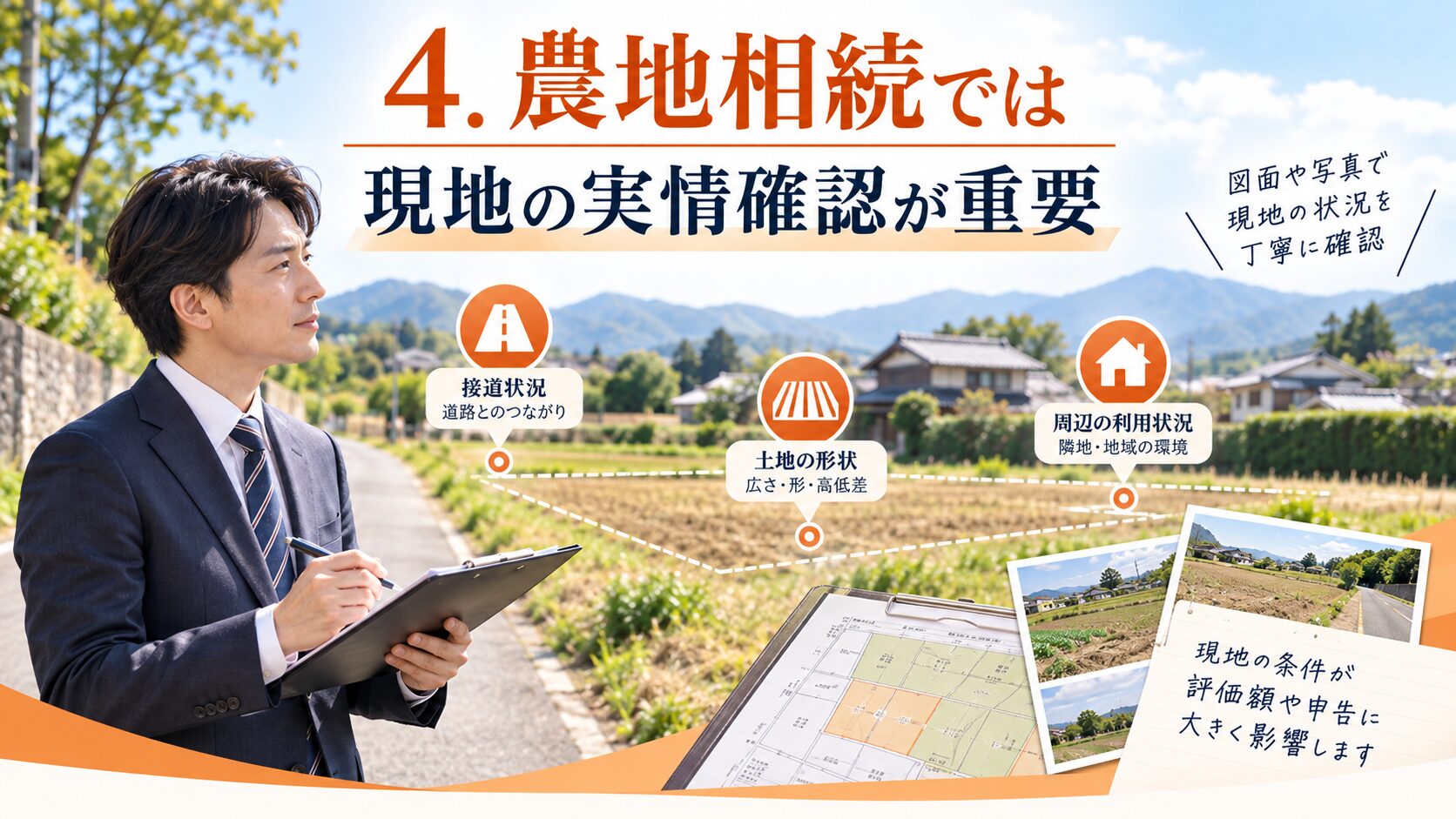農地相続では現地の実情確認が重要であることを示す図