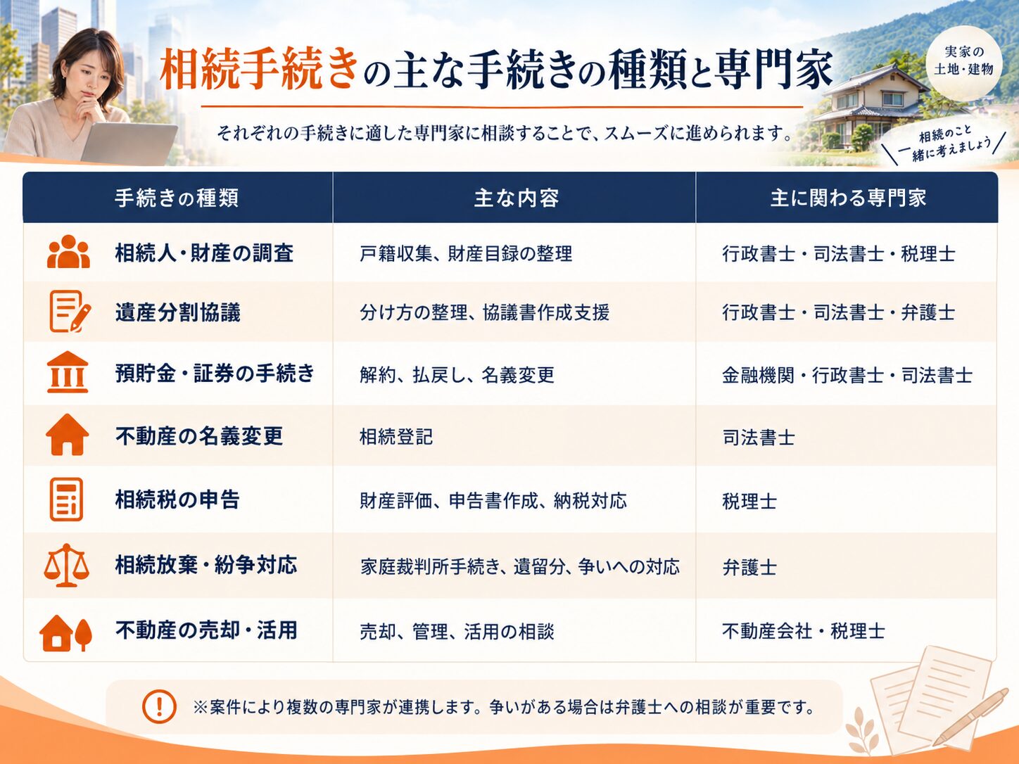 相続手続きの主な種類とそれぞれの専門家をまとめた一覧表